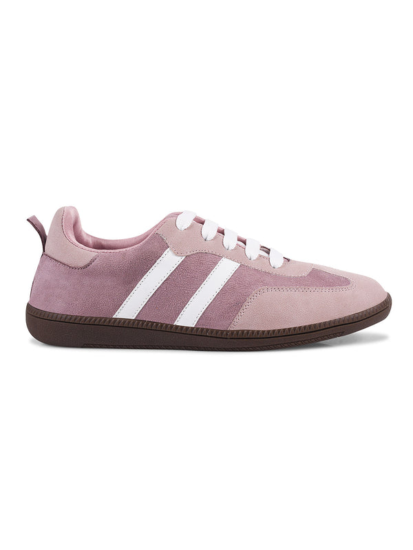 JM Looks Peach suede lace-up sneakers with side stripes and gum sole for women