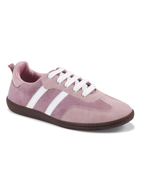 JM Looks Peach suede lace-up sneakers with side stripes and gum sole for women