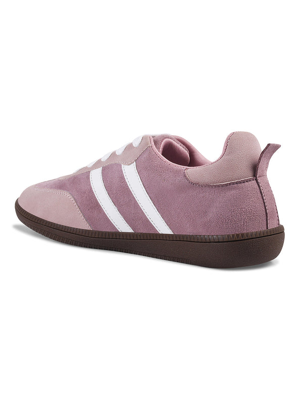 JM Looks Peach suede lace-up sneakers with side stripes and gum sole for women