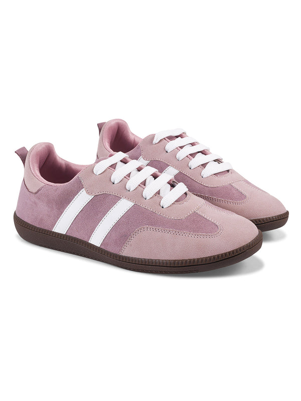 JM Looks Peach suede lace-up sneakers with side stripes and gum sole for women