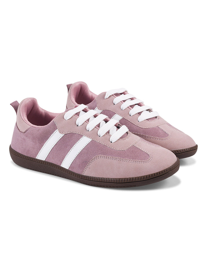 JM Looks Peach suede lace-up sneakers with side stripes and gum sole for women