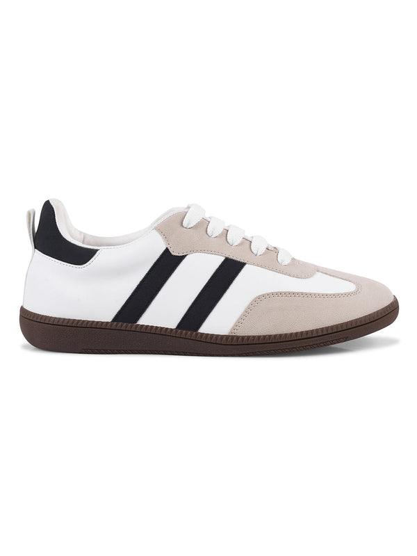 JM Looks White suede lace-up sneakers with side stripes and gum sole for women