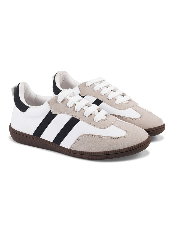JM Looks White suede lace-up sneakers with side stripes and gum sole for women