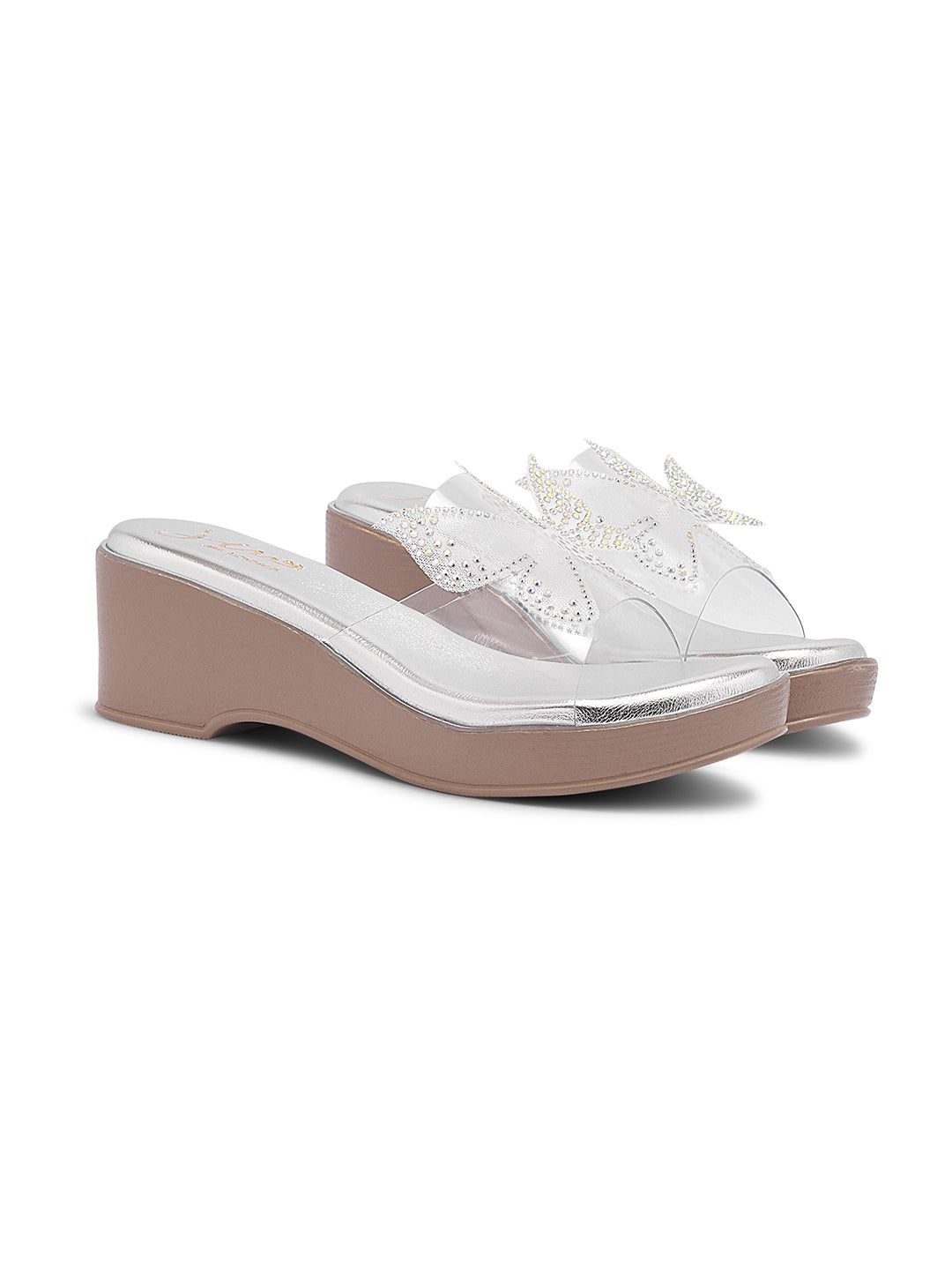 Platform slip-on sandals with butterfly detailing by Jm Looks for women and girls Silver