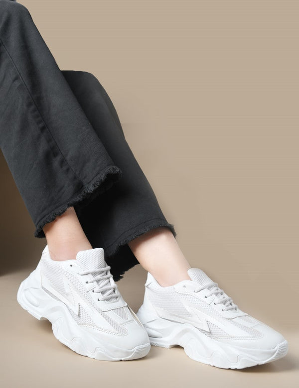 White Chunky Sneakers for Women lace-up mesh upper thick sole trendy casual stylish comfortable platform footwear