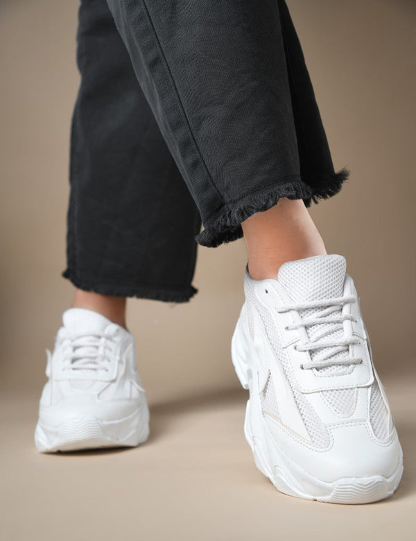 White Chunky Sneakers for Women lace-up mesh upper thick sole trendy casual stylish comfortable platform footwear