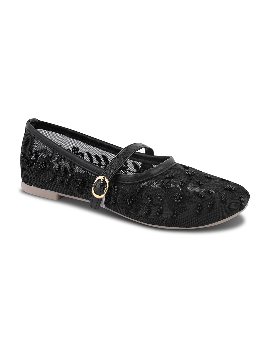 Floral Embroidered Sheer Mesh Mary Jane Flat Juttis
