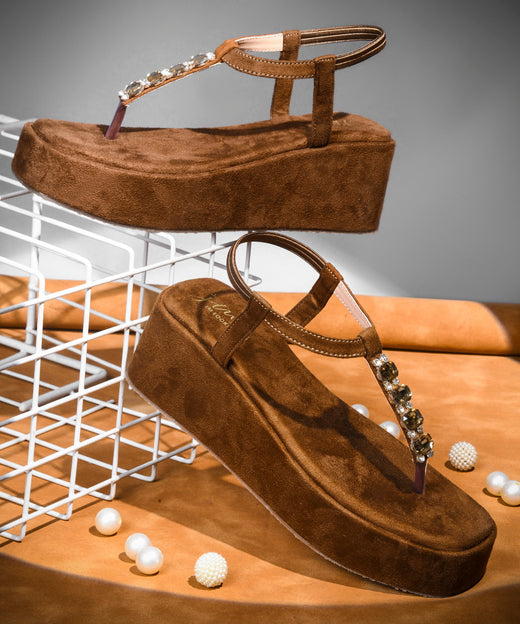 EMBELLISHED women toe post t strap wedge Platform sandals with ankle strap, Suede Finish ladies heel Antique
