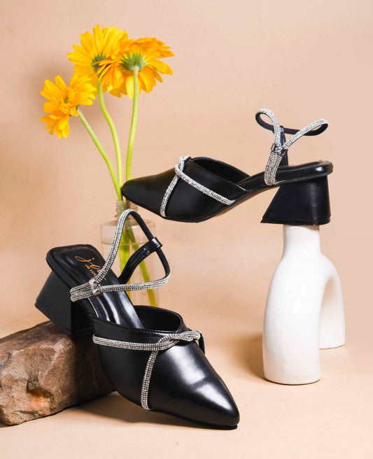 JM Looks women's pointed-toe block heels with embellished cross straps and a slingback
 Black