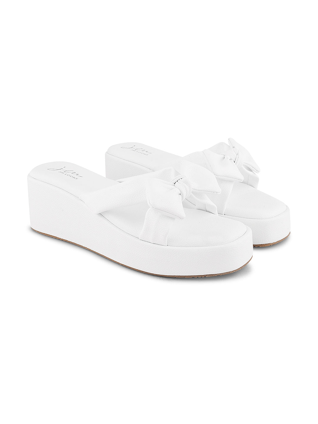 Jm Looks platform slides featuring a large, knotted bow on the strap
 White