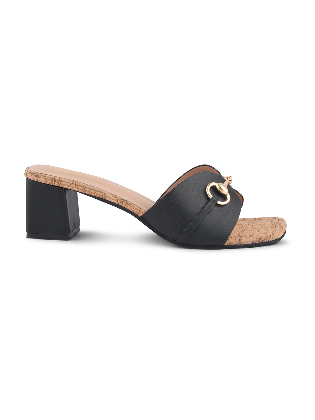 women's mules featuring a wide strap with a buckle embellishment and a cork-textured block heel
 Black