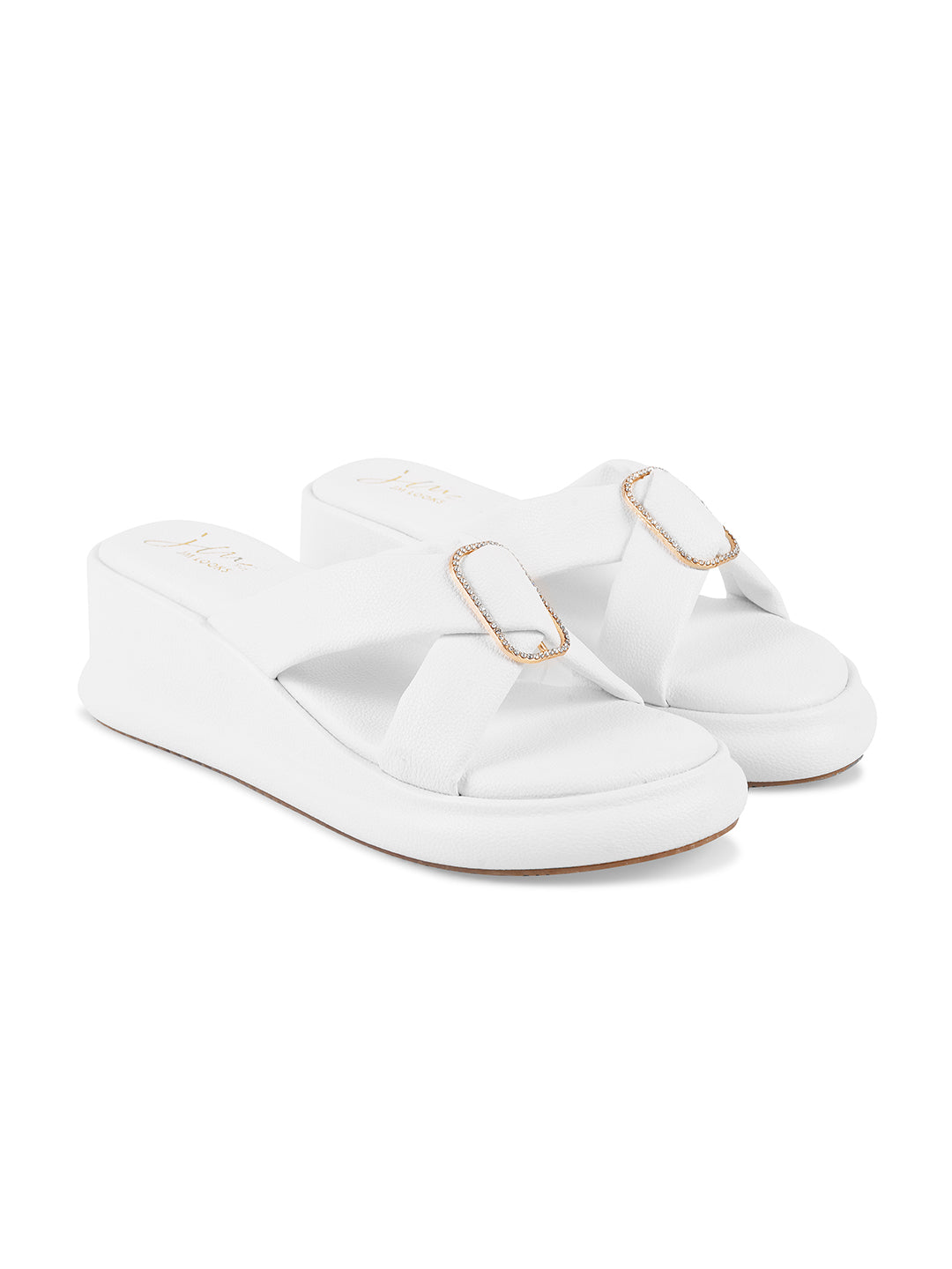 JM Looks platform wedge slides featuring wide criss-cross straps and an embellished rectangular buckle
 White