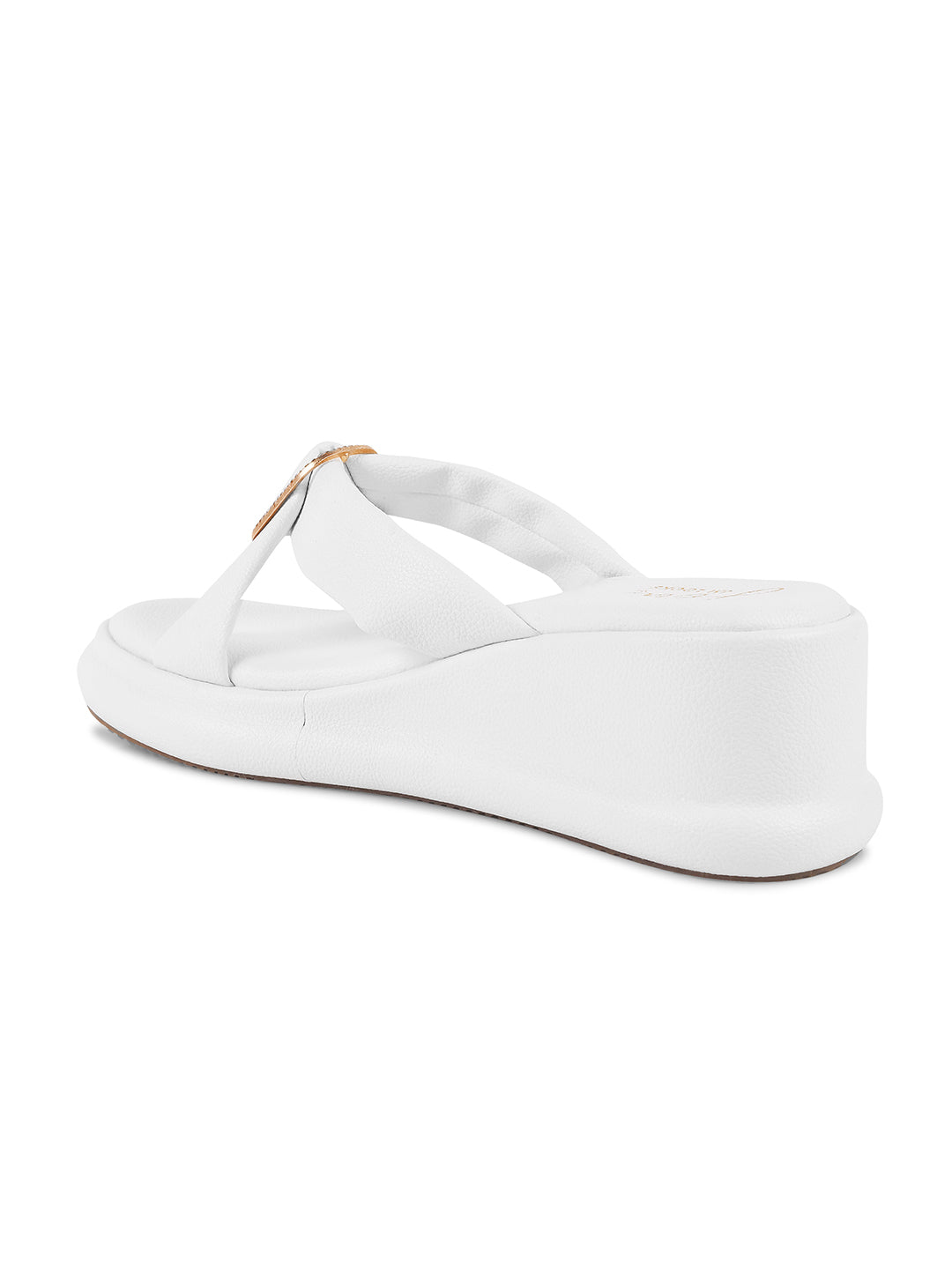 JM Looks platform wedge slides featuring wide criss-cross straps and an embellished rectangular buckle
 White