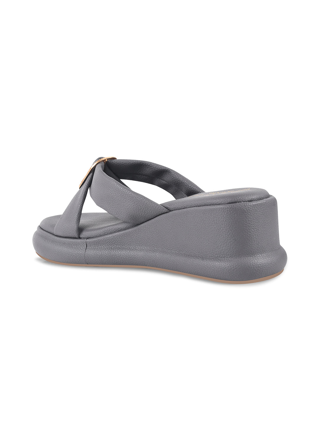 JM Looks platform wedge slides featuring wide criss-cross straps and an embellished rectangular buckle
 Grey