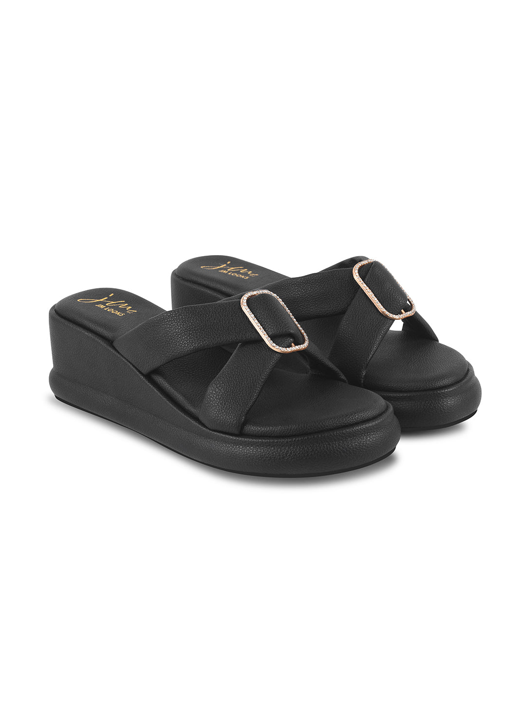 JM Looks platform wedge slides featuring wide criss-cross straps and an embellished rectangular buckle
 Black