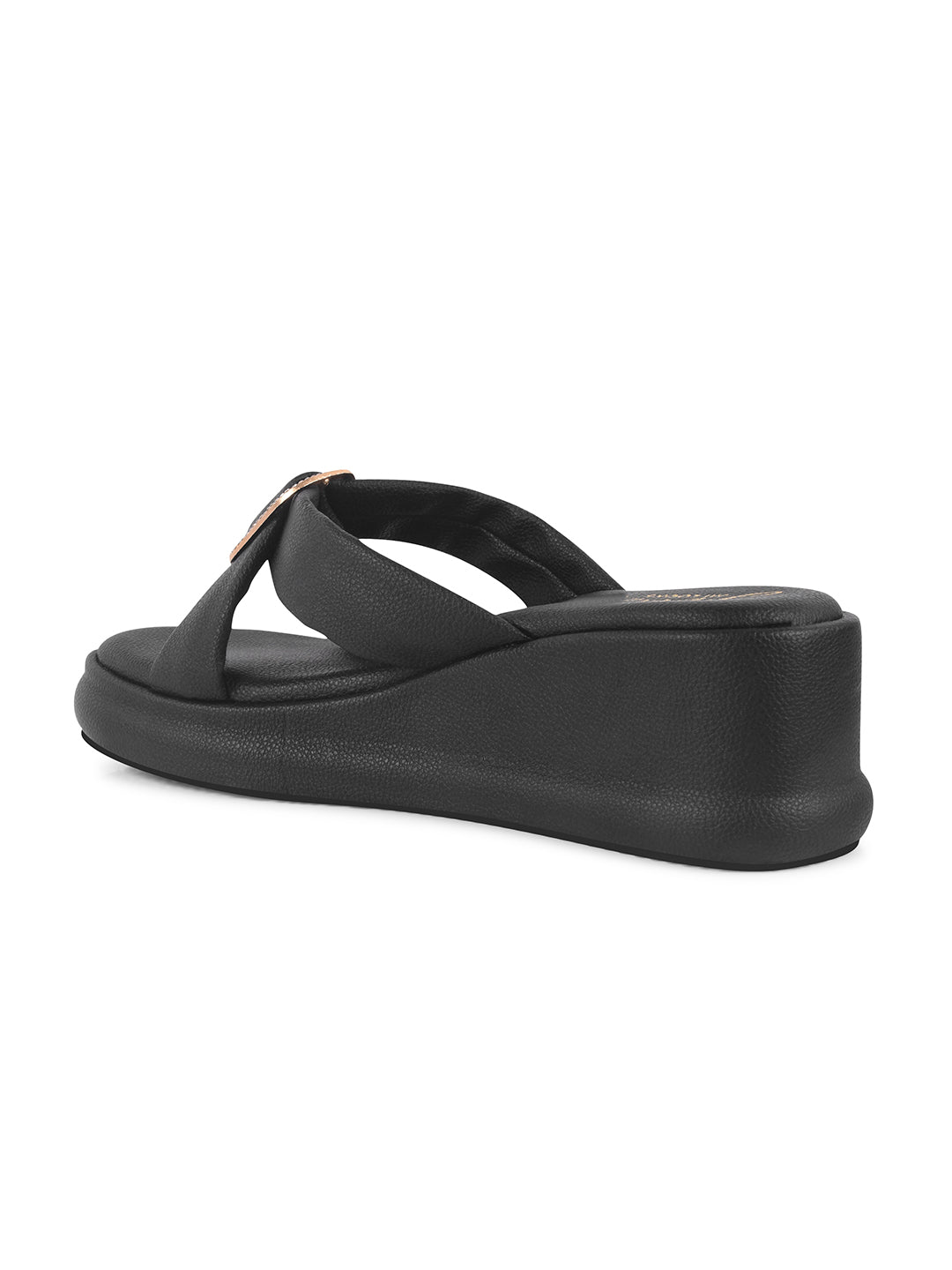 JM Looks platform wedge slides featuring wide criss-cross straps and an embellished rectangular buckle
 Black