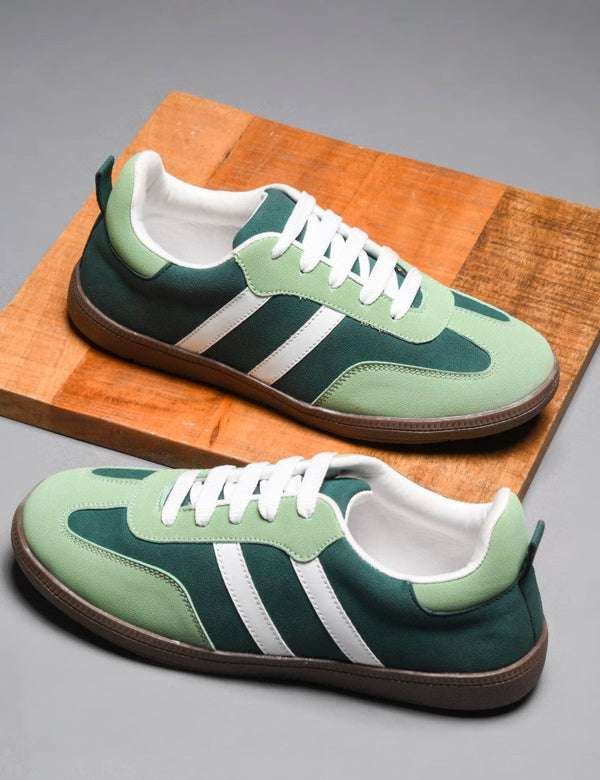JM Looks Green suede lace-up sneakers with side stripes and gum sole for women