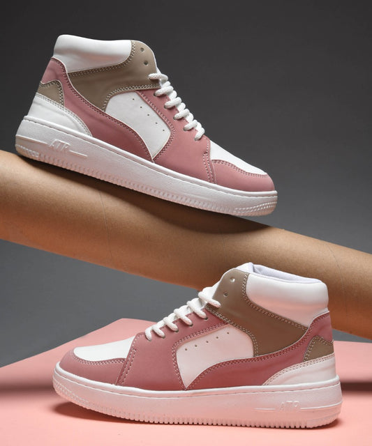 high-top lace-up sneakers with a multi-panel design
-White White-Peach