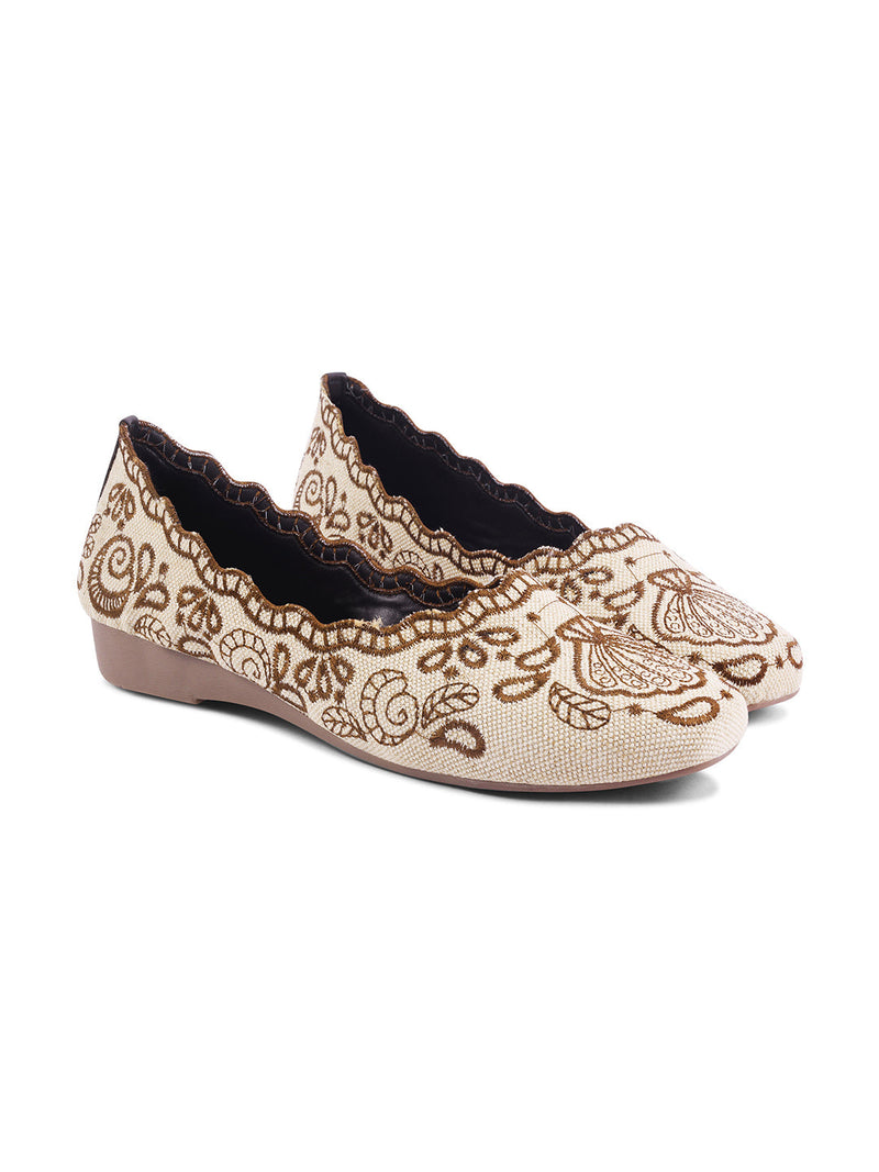 JM Looks Embroidered Ethnic Belly Shoes for Women | Slip-On Flats Brown
