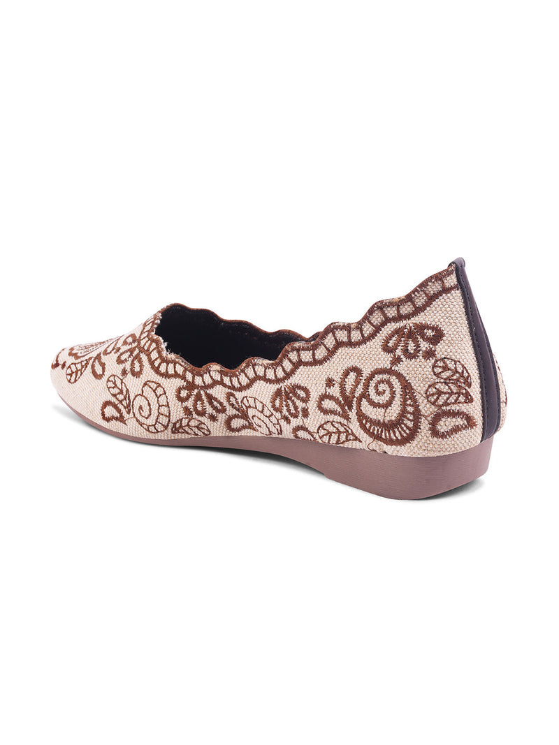 JM Looks Embroidered Ethnic Belly Shoes for Women | Slip-On Flats Brown