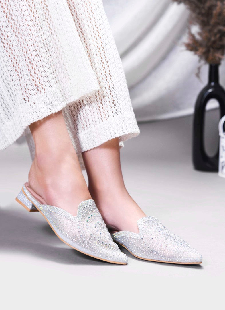 JM Looks women's pointed-toe mule with an all-over embellished design
 Silver