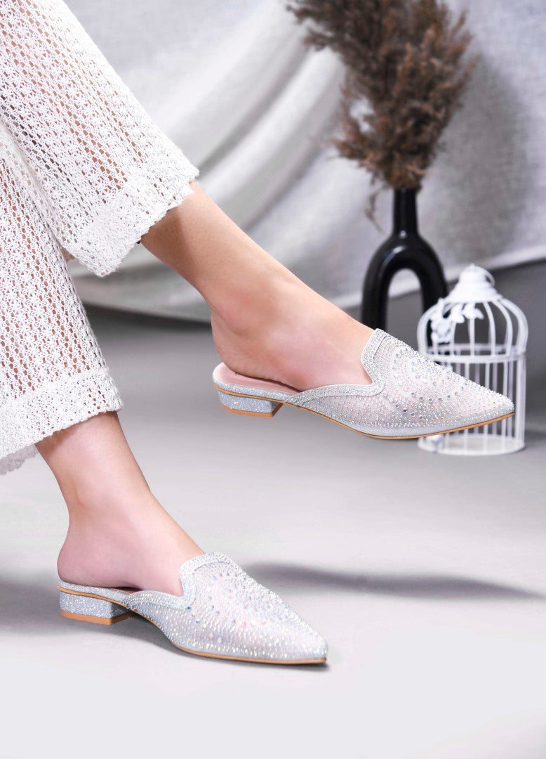 JM Looks women's pointed-toe mule with an all-over embellished design
 Silver