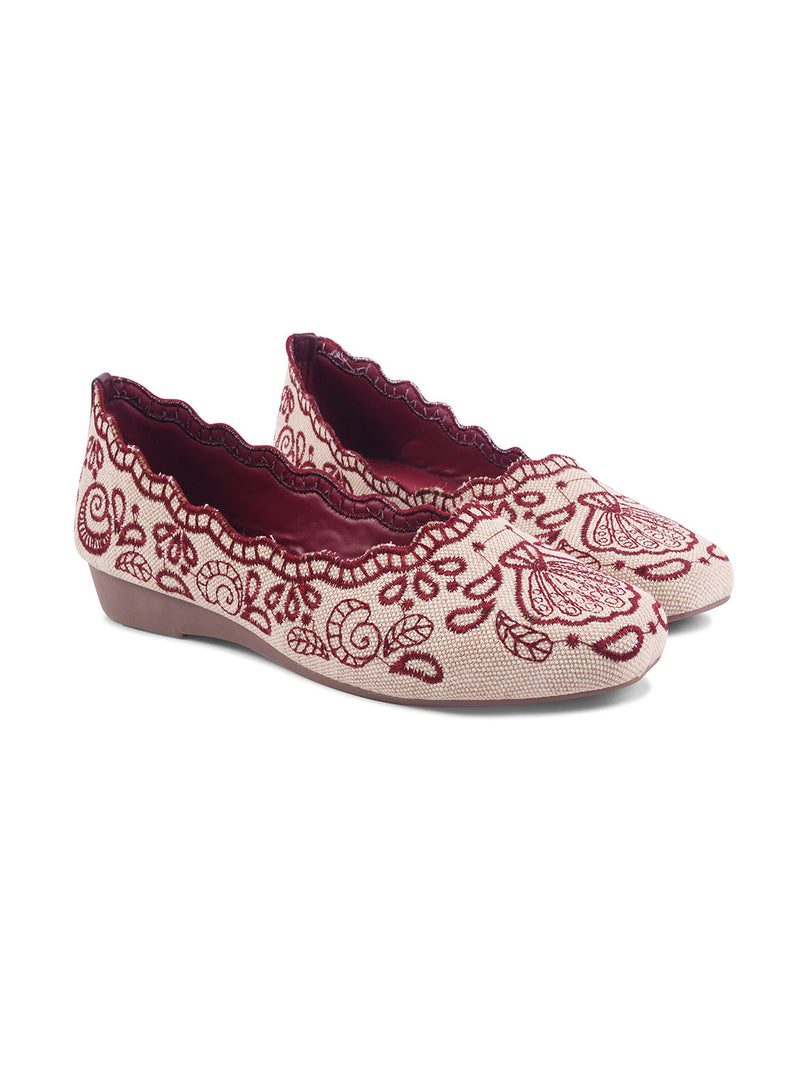 JM Looks Embroidered Ethnic Belly Shoes for Women | Slip-On Flats Cherry