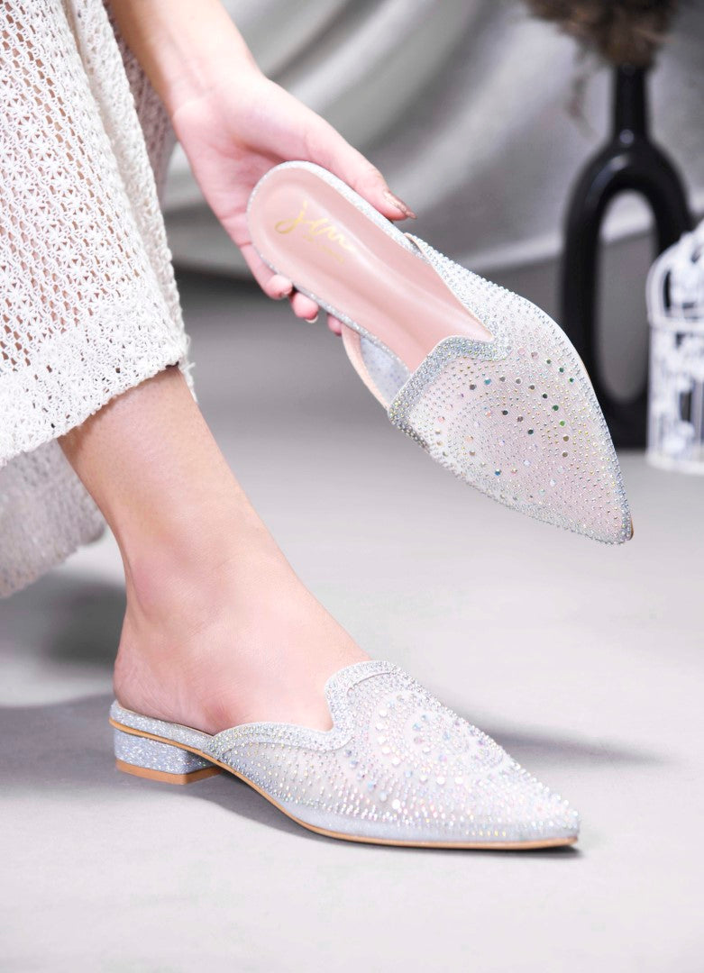 JM Looks women's pointed-toe mule with an all-over embellished design
 Silver