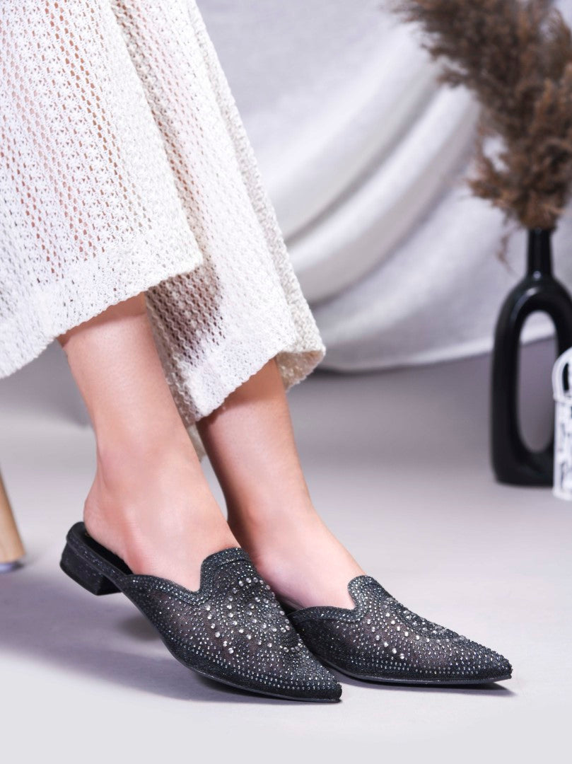 JM Looks women's pointed-toe mule with an all-over embellished design
 Black