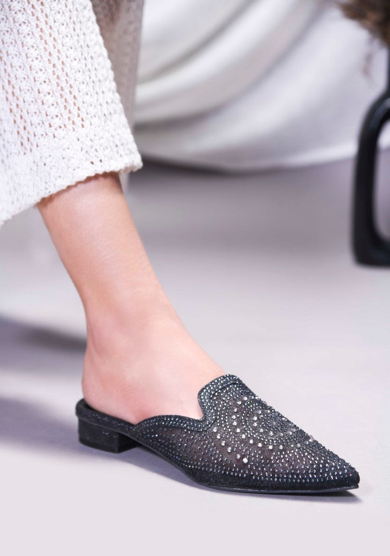 JM Looks women's pointed-toe mule with an all-over embellished design
 Black