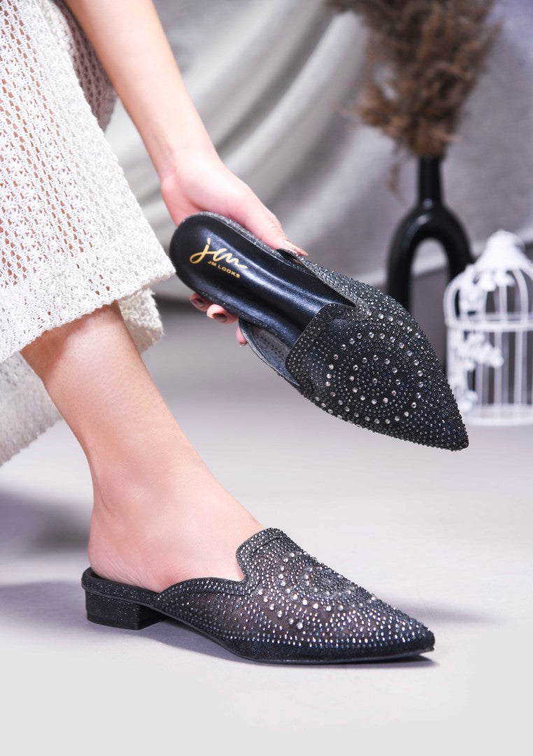 JM Looks women's pointed-toe mule with an all-over embellished design
 Black