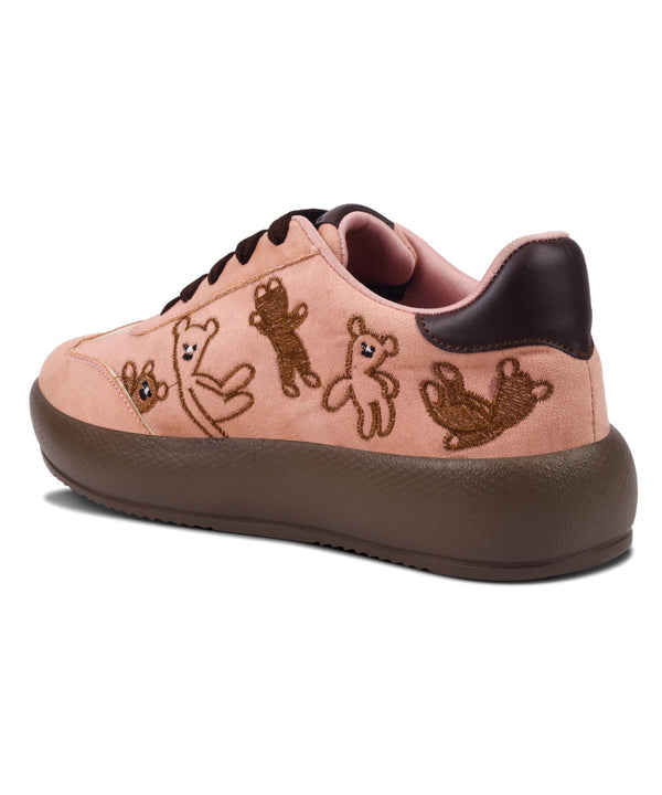 Peach suede platform sneakers with brown teddy bear embroidery and dark brown laces and sole