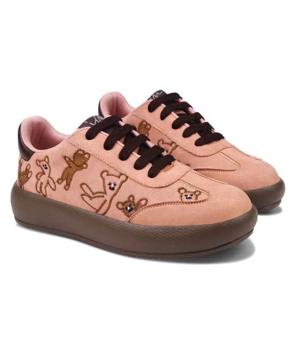 Peach suede platform sneakers with brown teddy bear embroidery and dark brown laces and sole