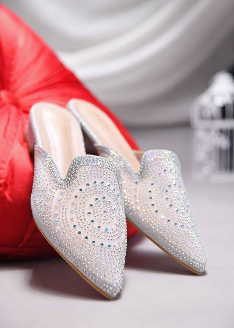JM Looks women's pointed-toe mule with an all-over embellished design
 Silver