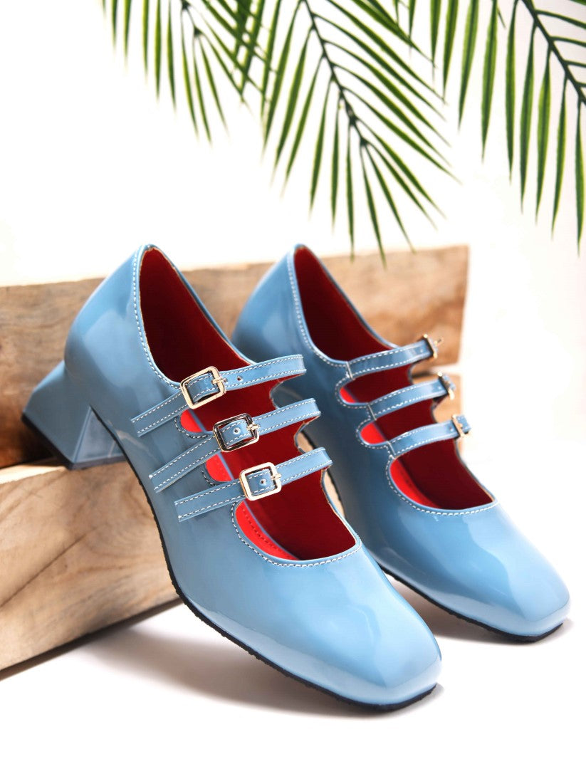 Mary Jane shoe with three straps and buckle closures
 Sky Blue