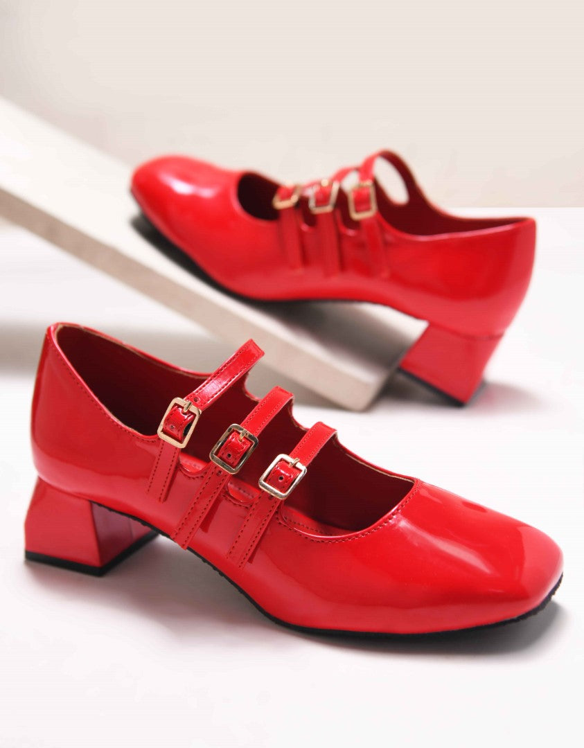 Mary Jane shoe with three straps and buckle closures
 Red