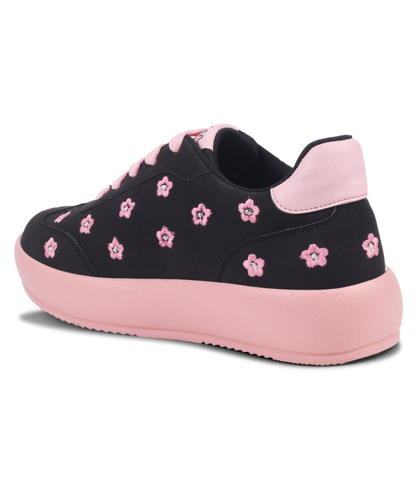 Black suede sneakers for women with embroidered flowers, lace-up front and platform sole