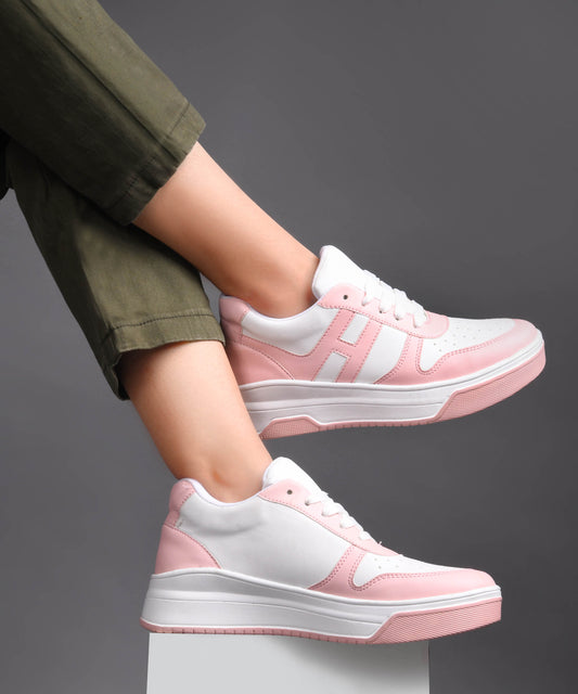 Jm Looks Women's Baby Pink Chunky Sneakers – Comfortable Casual Shoes White-Pink