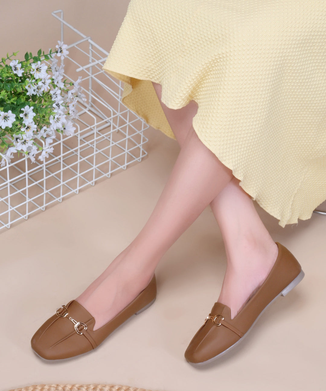 Tan Women Square Toe Ballet Flats with Metallic Horsebit