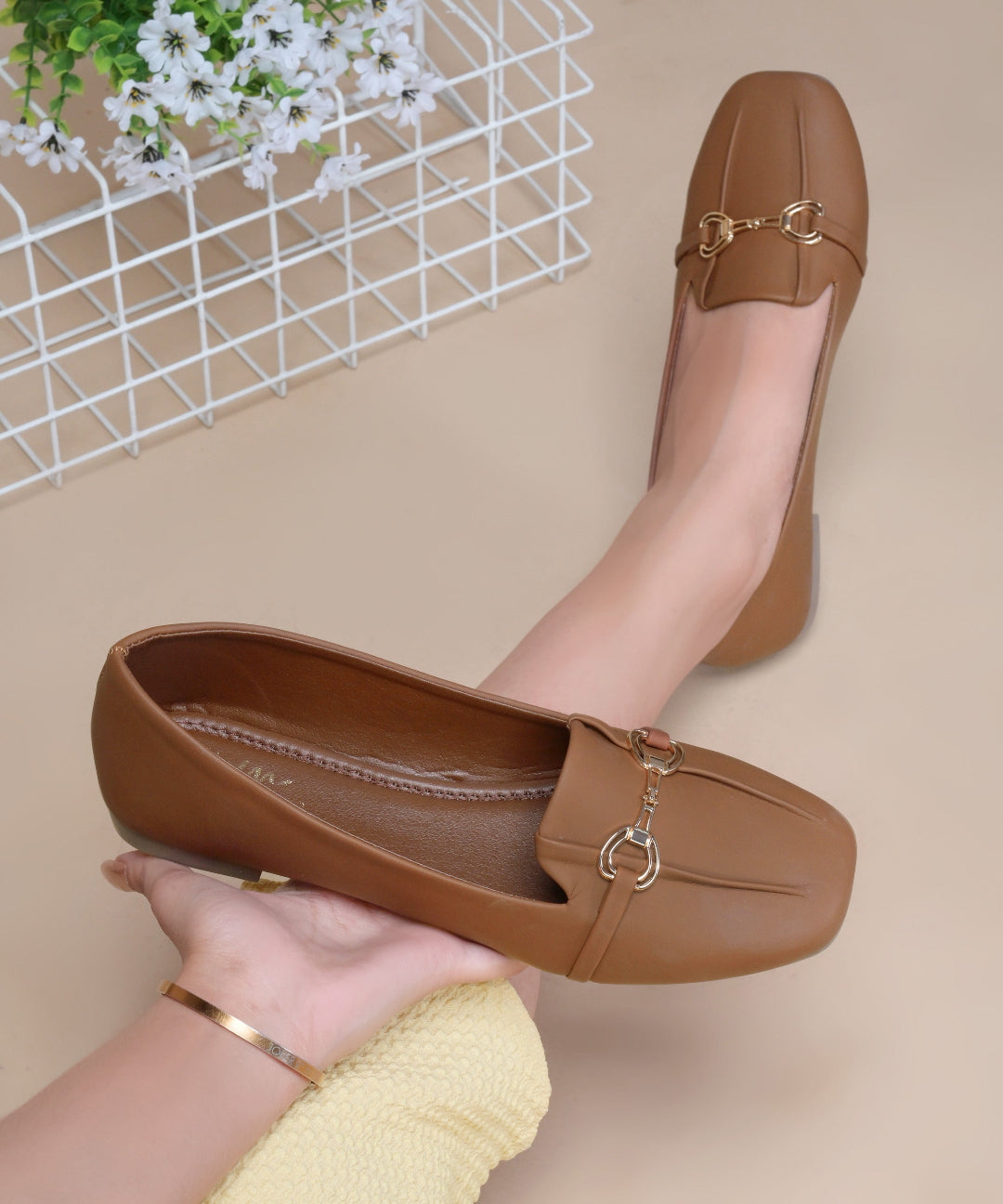 Tan Women Square Toe Ballet Flats with Metallic Horsebit