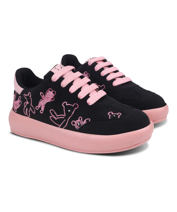 Black suede platform sneakers with brown teddy bear embroidery and dark brown laces and sole