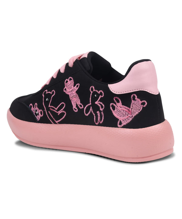 Black suede platform sneakers with brown teddy bear embroidery and dark brown laces and sole