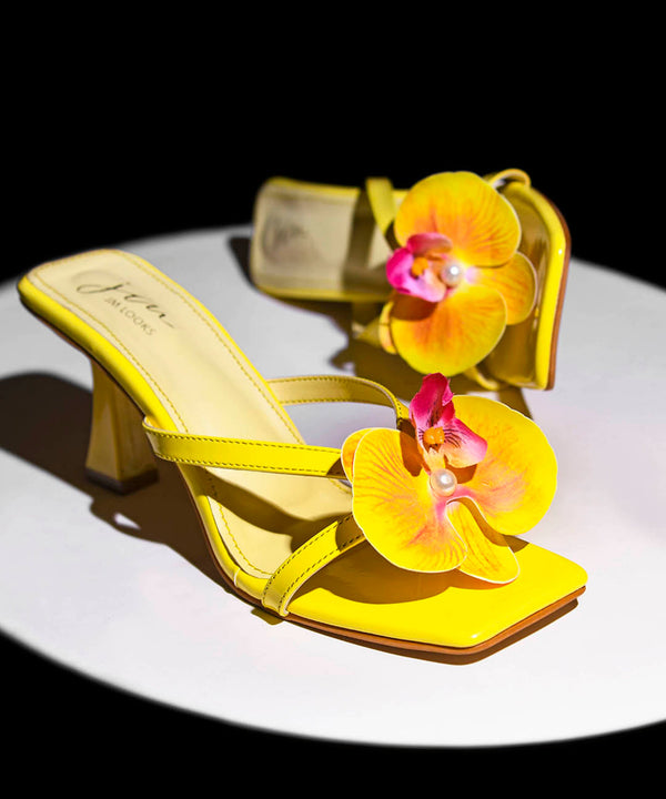 kitten heels with orchid flower and pearl detail, square toe straps, slip-on thong style sandals Yellow