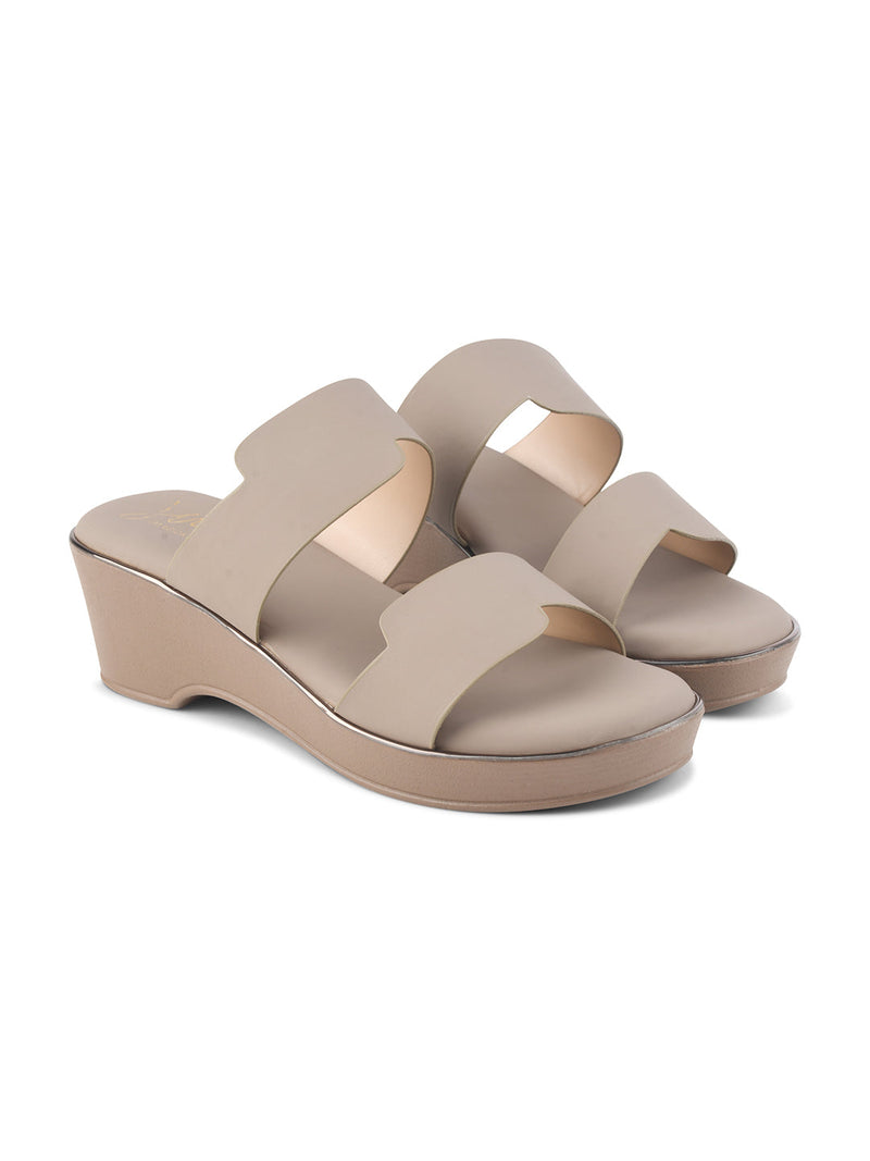 Beige block wedge heels for women featuring dual wide straps, comfortable platform sole, slip-on style.