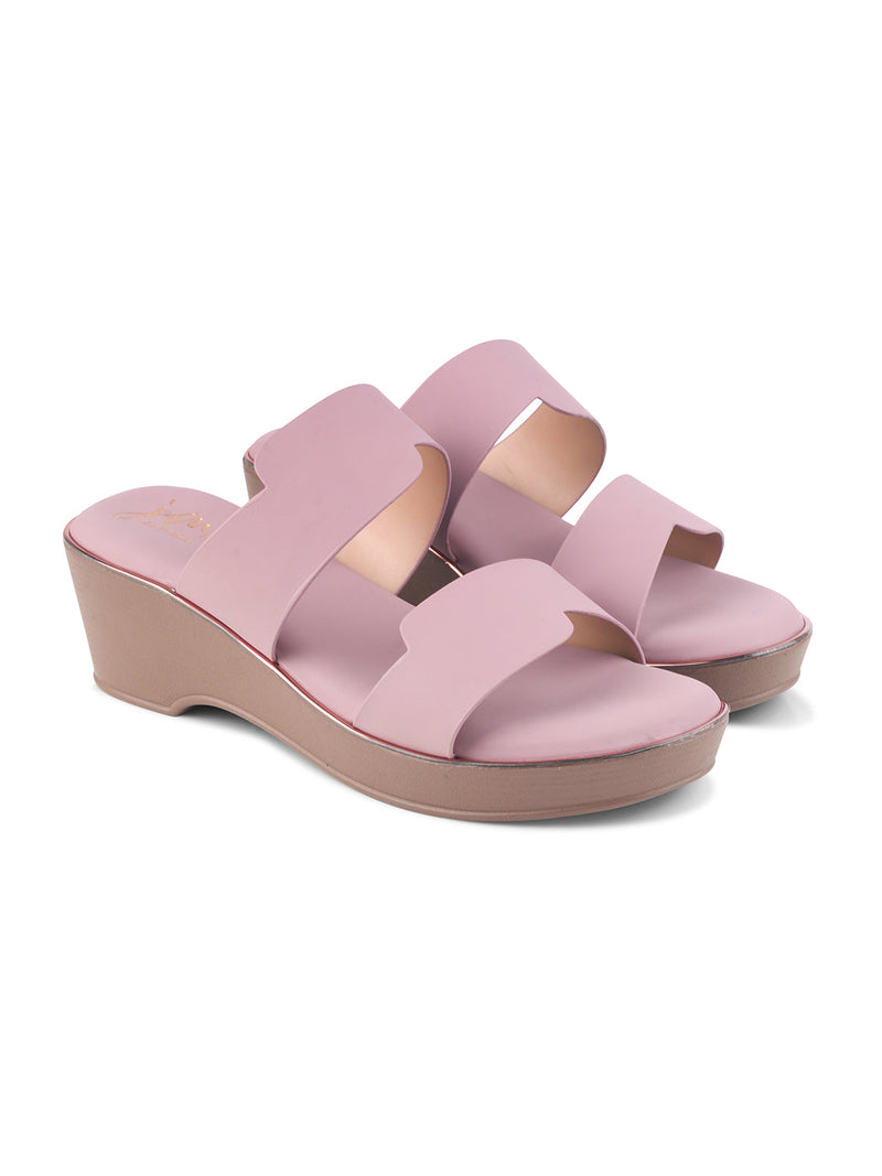 Peach block wedge heels for women featuring dual wide straps, comfortable platform sole, slip-on style.