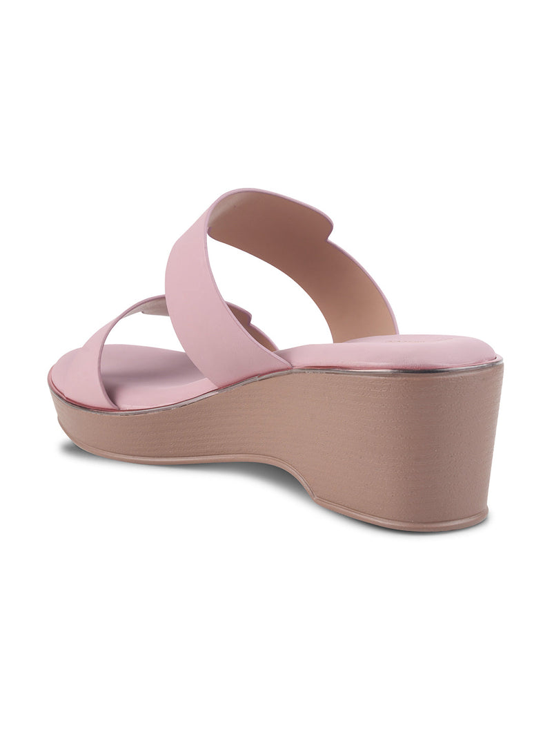 Peach block wedge heels for women featuring dual wide straps, comfortable platform sole, slip-on style.