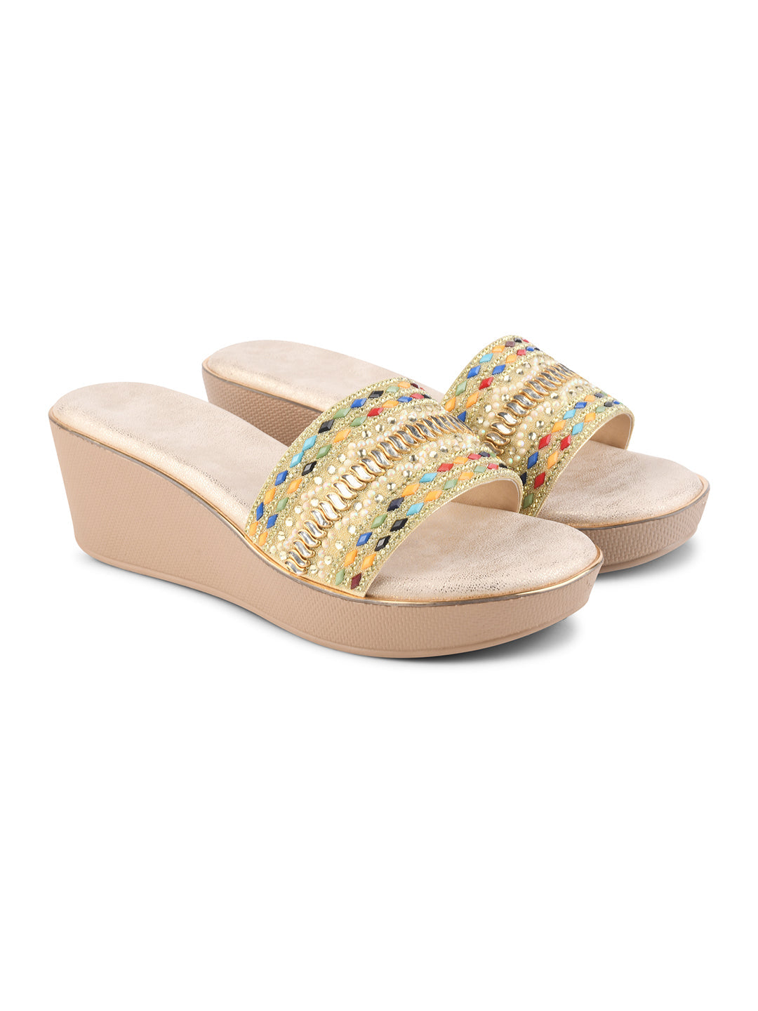 JM Looks Women's Toe-Loop Embroidered Ethnic Sandals | Traditional Flat Slip-Ons Golden