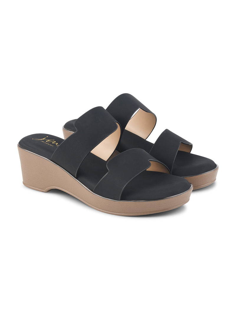 Black block wedge heels for women featuring dual wide straps, comfortable platform sole, slip-on style.