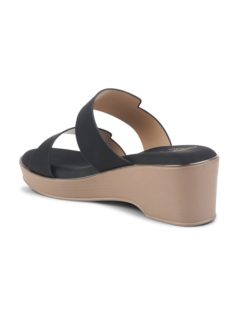 Black block wedge heels for women featuring dual wide straps, comfortable platform sole, slip-on style.