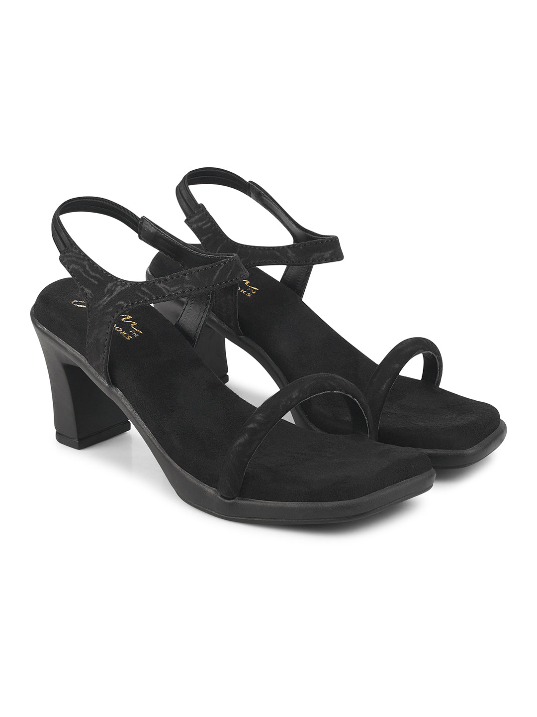 block heel sandals with a simple front strap and an ankle strap
 Black